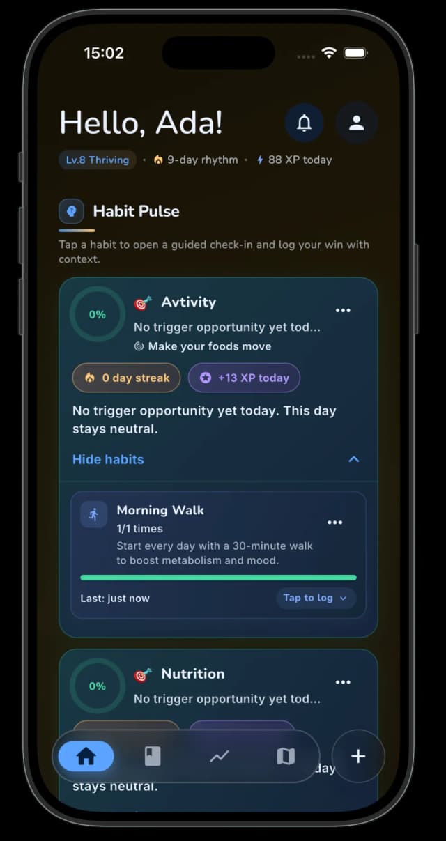 Home screen — Habit Pulse, streaks, XP, daily habits
