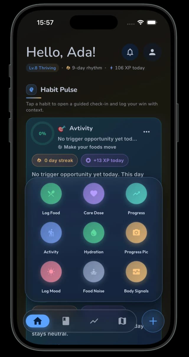 Quick-log overlay — food, dose, hydration, mood, body signals