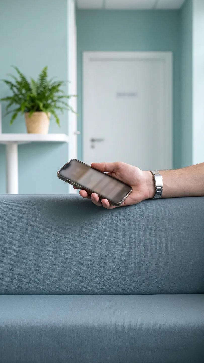 A calm clinic waiting area, phone in hand
