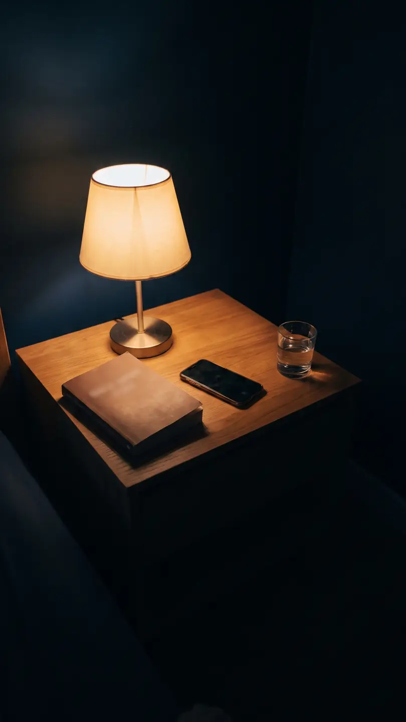 A bedside lamp glowing over a paperback at night, phone face-down
