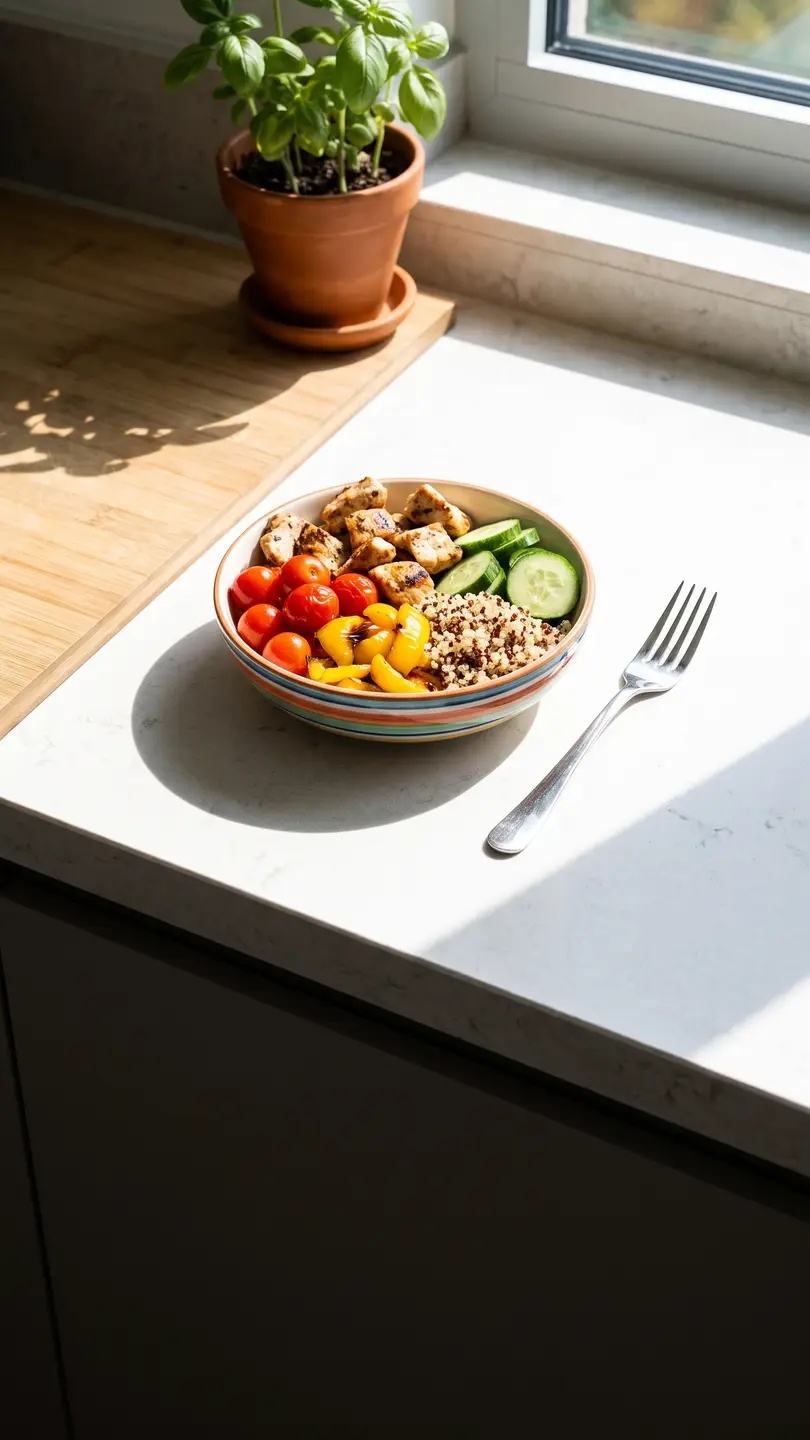 A colorful lunch bowl on a sunny kitchen counter